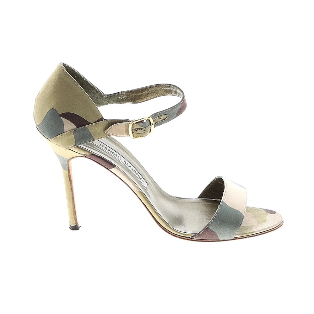 Manolo Blahnik Camouflage Green and Gold Heels Size 37 Worn Once with Box